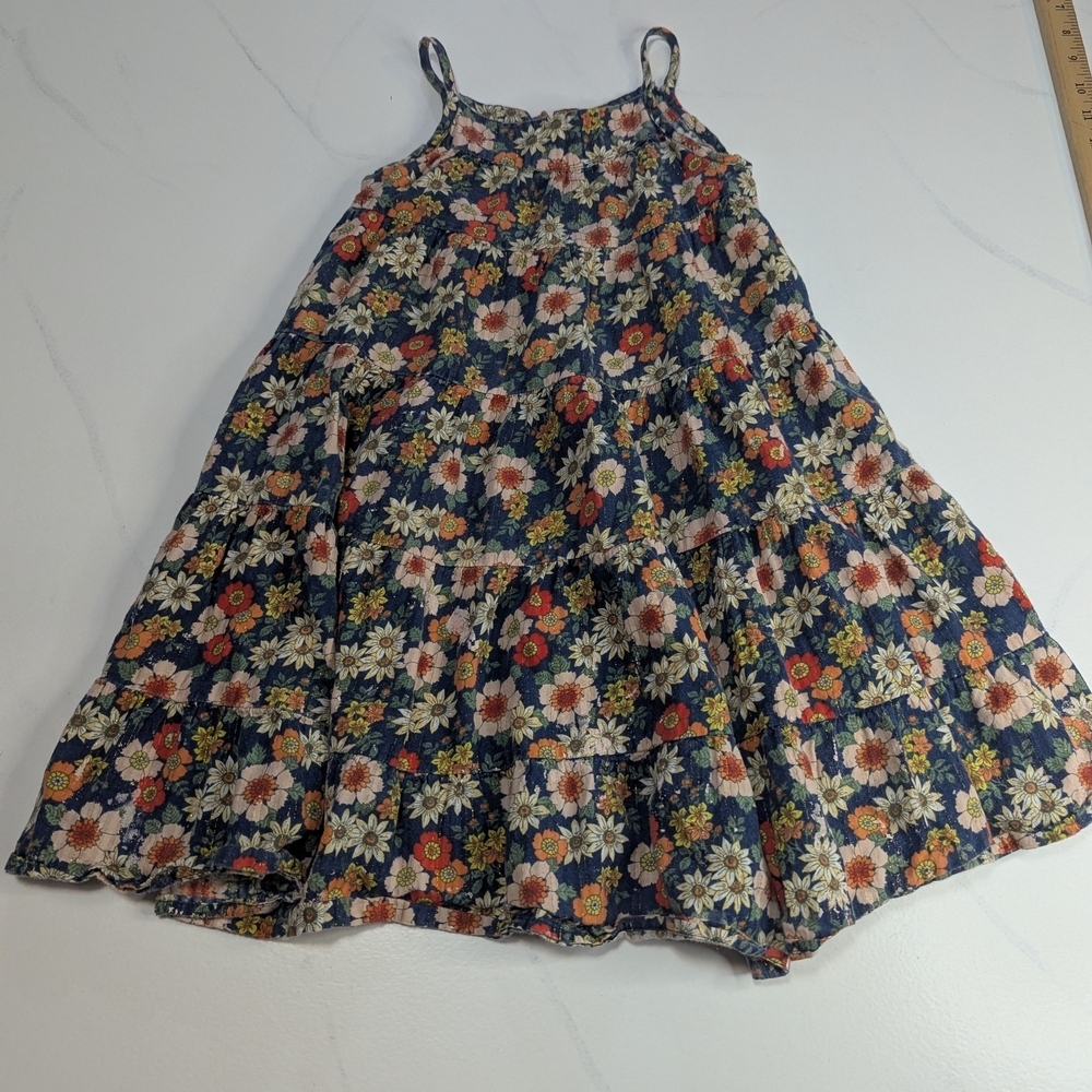 Bonton Paris Girls Calypso Floral Midi Dress 70s Navy Blue Lurex Tiered Size 4